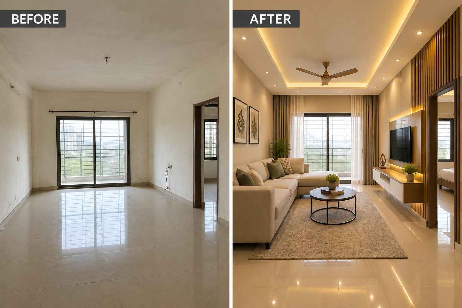 After: renovated living room with 3D-planned interior design